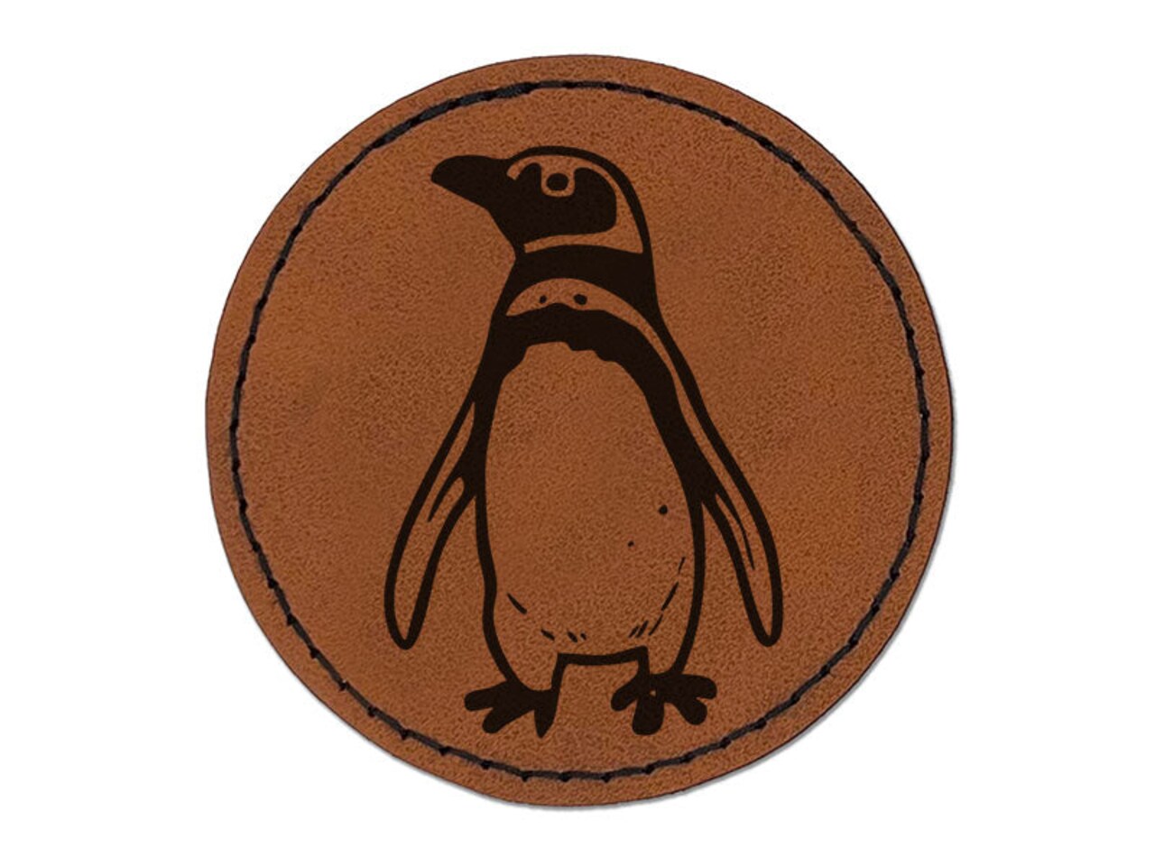 Realistic Magellanic Penguin Bird South America Round Iron-On Engraved Faux Leather Patch Applique - 2.5 Inch